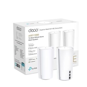 TP-Link Deco XE200 AXE11000 Whole Home Mesh Wi-Fi 6E System Tri-Band Gigabit Ports AI-Driven cover up to 6500 ft2 Connect 200 devices22 GHz Quad-Core CPU HomeShieldPack of 2