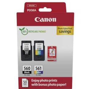 Canon Ink & Paper Multipack - PG-560/CL-561 Genuine Printer Cartridges 2 Pack (1 x Black 1 Colour) 4x6 Photo (50 Sheets) Compatible with PIXMA TS