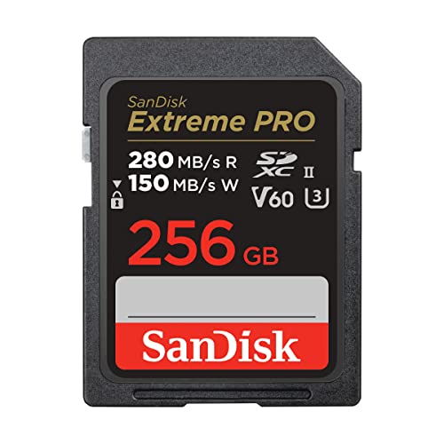 SanDisk 256GB Extreme PRO SDXC card SD V60 Memory 6K & 4K UHD up to 280 MB/s Shock Temperature Water and X-Ray Proof RescuePro Deluxe data recovery software UHS-II Class 10 U3