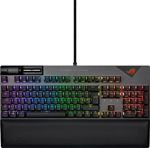 ASUS ROG Strix Flare II 100 RGB Gaming Keyboard NX Red mechanical switches PBT doubleshot keycaps 8k Hz polling Sound-dampening foam Media controls USB passthrough Wrist rest UK Layout