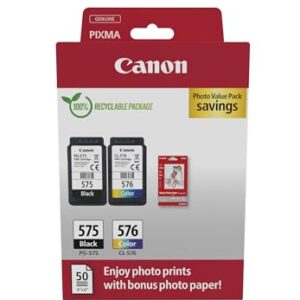 Canon PG-575 / CL-576 Genuine Ink Cartridges Pack of 2 (1 x Black 1 Colour) Includes 50 sheets 4x6 Photo Paper - Cardboard Multipack