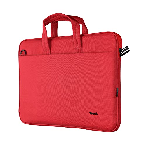 Trust Bologna Sustainable Slim Laptop Bag 16 Inch with Shoulder Strap Eco Recycled Plastic Case RPET Work Lightweight Carrying for Travel Business Office School - Red
