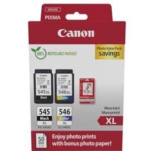 Canon PG-545 XL CL-546 VALUE Pack of 2 cartridges (Black Colour XL) + 50 sheets 10x15cm Photo Paper Genuine (Recycled Cardboard Multipack)