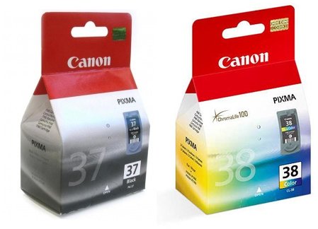Canon 2 PG-37 / CL-38 Original Printer Ink Cartridge - For use Pixma iP1800 iP1900 iP2500 IP2580 iP2600 MP140 MP190 MP210 MP220 MP470 MX300 MX310 Black+Tri-Colour- Light User