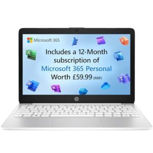 HP Stream 11" Laptop Intel Celeron N4120 Processor 4 GB RAM 64 eMMC UHD Graphics HD Display Up to 14hrs battery MS 365 Personal 12 month inclWin 11 Diamond White 11-ak0027na