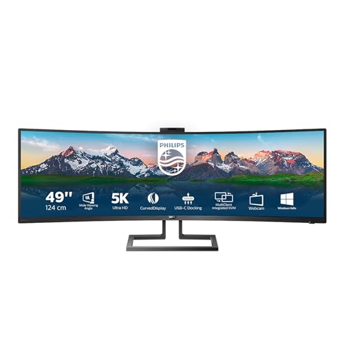 PHILIPS 499P9H- 49 Inch Curved Dual QHD Monitor 70Hz 5ms VA WebCam Speakers USB-C Dock KVM Height Adjust (5120 x 1440 450 cd/m HDMI/DP 14/USB 31 / USB-C)