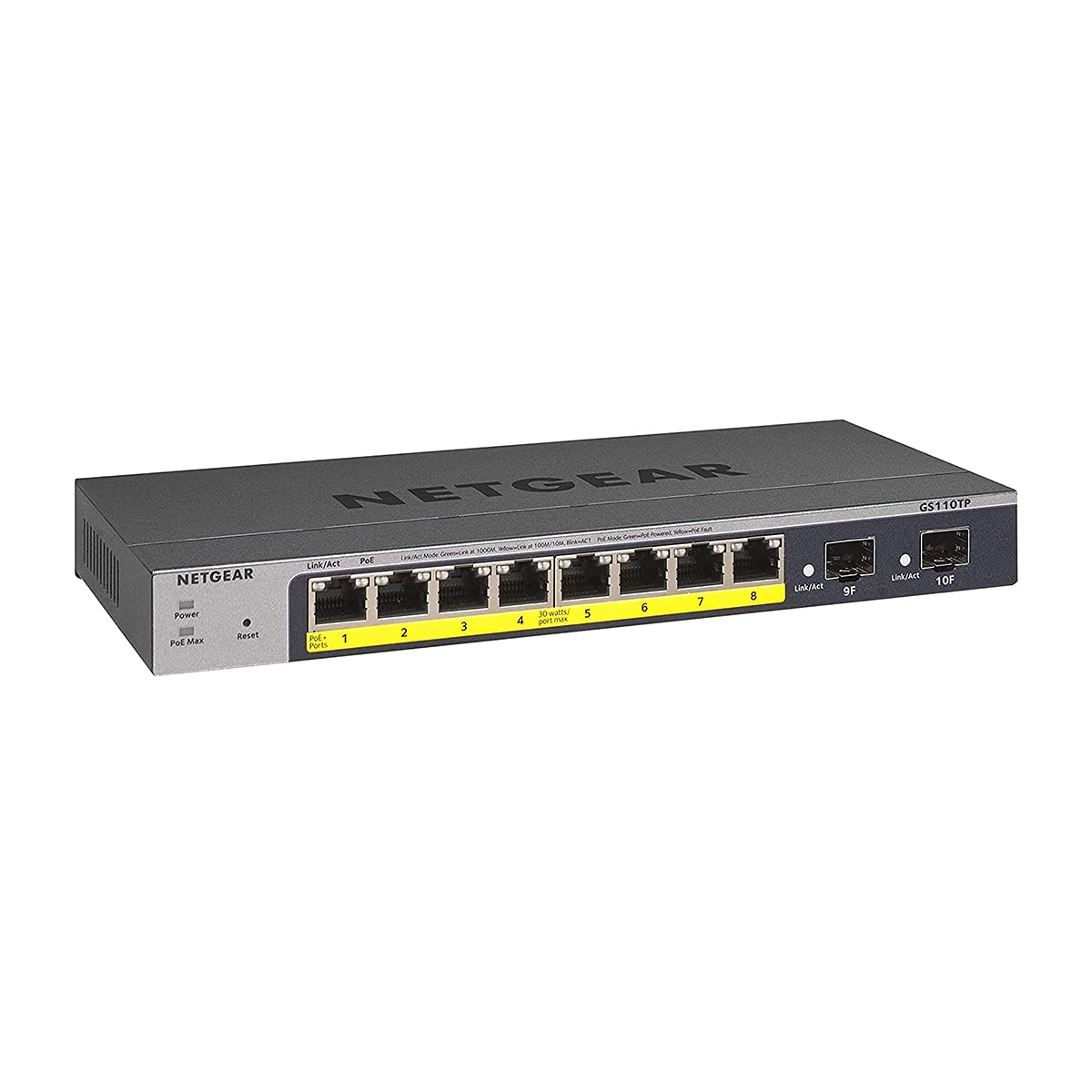 NETGEAR 10-Port PoE Gigabit Ethernet Smart Switch (GS110TP) - Managed with 8 x PoE+ @ 55W 2 1G SFP Optional Insight Cloud Management Desktop or Wall Mount and Limited Lifetime Protection