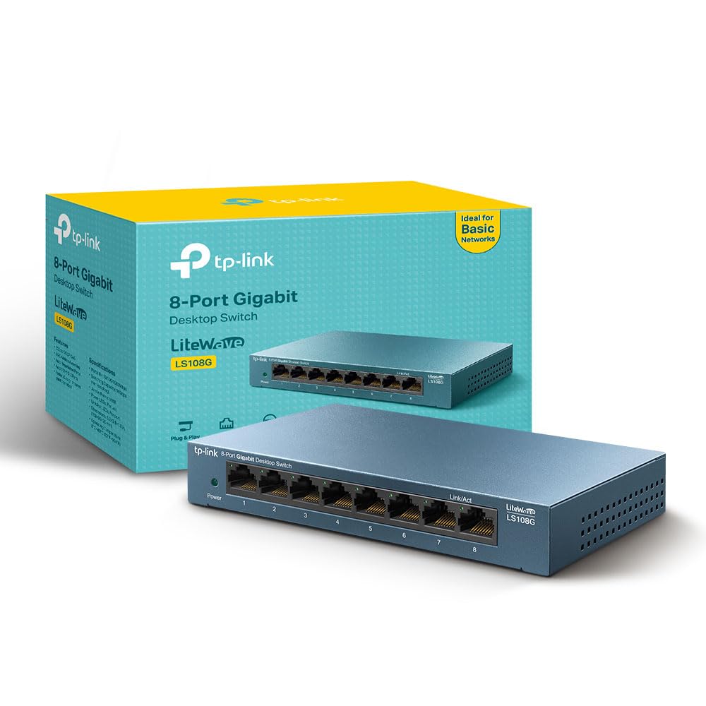 TP-Link 8 Port Gigabit Network Switch Ethernet Splitter Hasslefree Silent Operation Energy-Saving Metal Case Desktop or Wall Mount (LS108G)