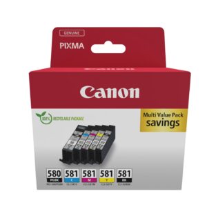 Canon PGI-580 CLI-581 BK C M Y PGBK Pack of 5 cartridges (Black Cyan Magenta Yellow Office Black Colour) Genuine (Recycled Cardboard Multipack)