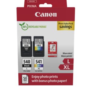 Canon PG540L / CL541XL High Yield Genuine Ink Cartridges Pack of 2 (Colour and Black) Includes 50 Sheets 4x6 Photo Paper - Security Cardboard Multipack