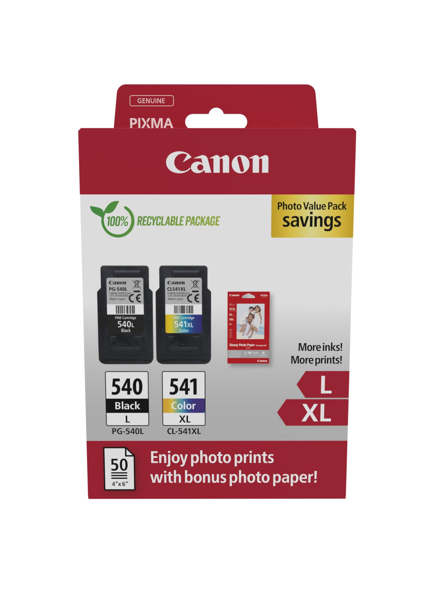 Canon PG540L / CL541XL High Yield Genuine Ink Cartridges Pack of 2 (Colour and Black) Includes 50 Sheets 4x6 Photo Paper - Security Cardboard Multipack