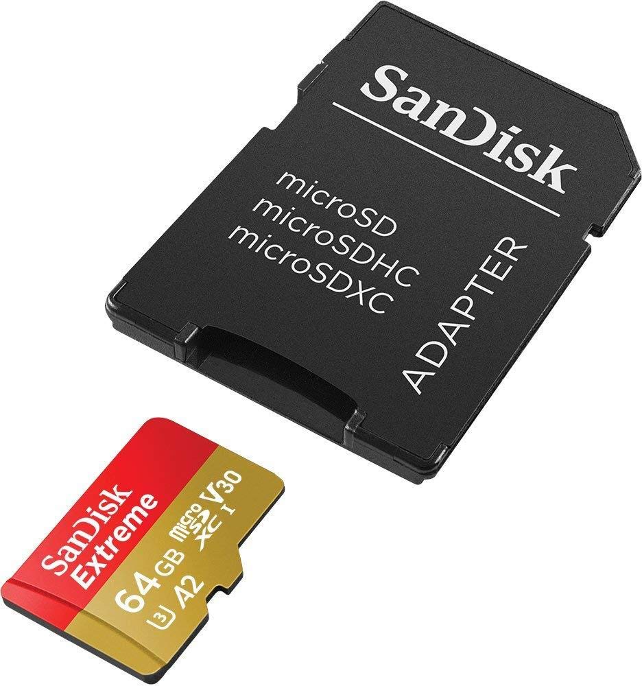 SanDisk Extreme 64 GB microSDXC Memory Card + SD Adapter with A2 App Performance Rescue Pro Deluxe Up to 160 MB/s Class 10 UHS-I U3 V30 Red/Gold