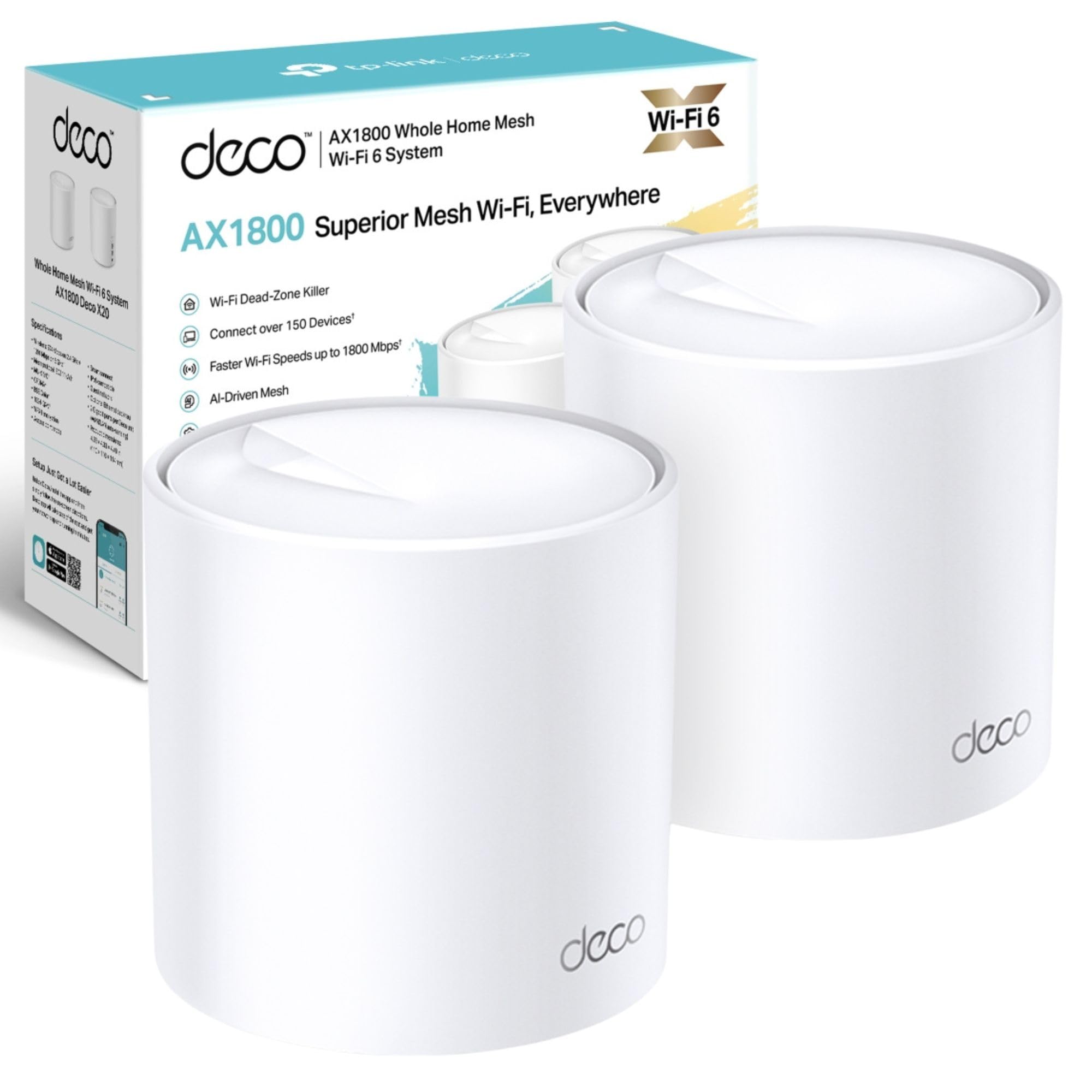TP-Link Deco X20 AX1800 Whole Home Mesh Wi-Fi 6 System AI-Driven Up to 4000 sq ft Coverage 1 GHz Quad-Core CPU Compatible with Amazon Alexa HomeShield's kit Pack of 2 White