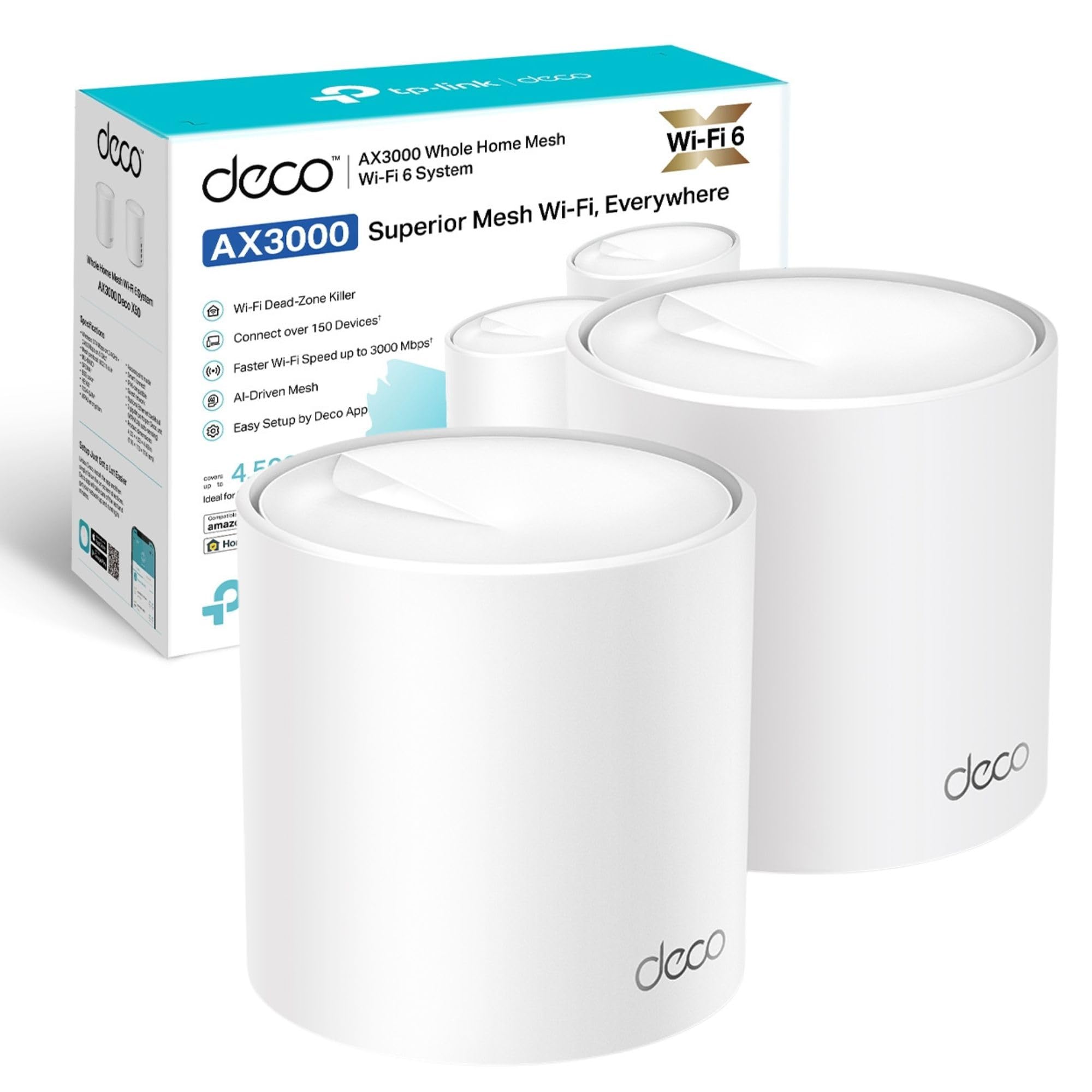 TP-Link Deco X50 AX3000 Whole Home AI-Driven Mesh Wi-Fi 6 System Dual-Band with Gigabit Ports Coverage up to 4500 ft2 Connect 150 devices 1 GHz Dual-Core CPU HomeShield Security Pack of 2
