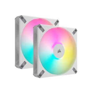 Corsair iCUE AF140 RGB ELITE 140mm PWM Dual Fan Kit - Eight LEDs Per AirGuide Technology Fluid Dynamic Bearing Zero RPM Mode Included Lighting Node CORE Controller White