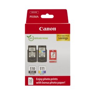 Canon PG-510 / CL-511 Genuine Ink Cartridges Pack of 2 (1 x Black 1 Colour) Includes 50 sheets 4x6 Photo Paper - Cardboard Multipack