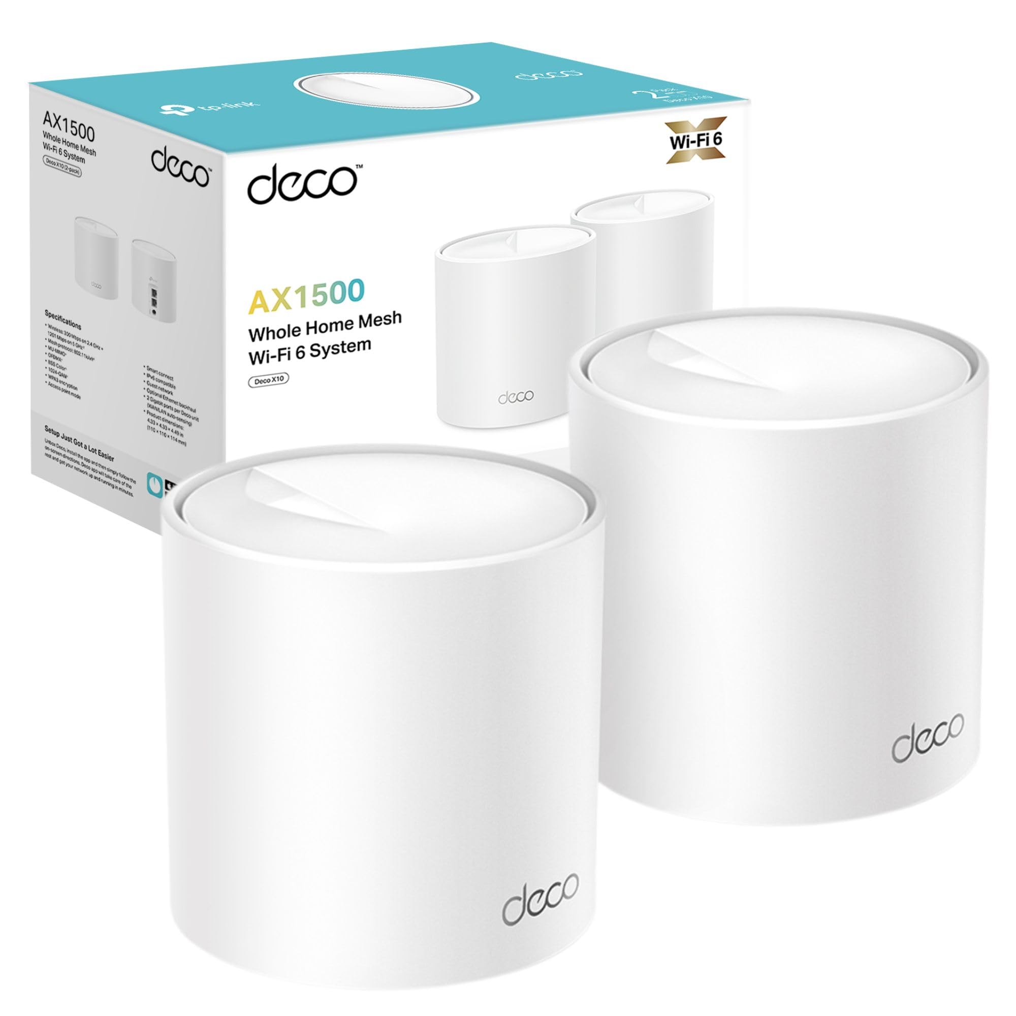 TP-Link Deco X10 AX1500 Whole Home Dual-Band Mesh Wi-Fi 6 System AI-Driven Coverage up to 3900ftConnect 120 devicesIdea for Gaming&4K Easy Setup Works with Alexa and Google homePack of 2