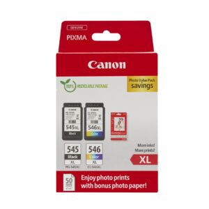 Canon PG-545 XL CL-546 VALUE SEC Pack of 2 cartridges (Black Colour XL) + 50 sheets 10x15cm Photo Paper Genuine (Recycled Cardboard Multipack)