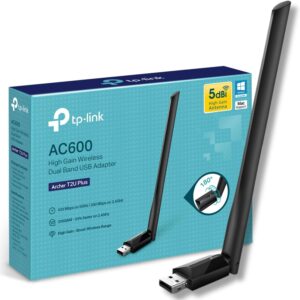 TP-Link AC600 High Gain USB Wi-Fi Dongle Dual Band Adapter with 5dBi Antenna for PC/Desktop/Laptop Supports Windows11/10/81/8/7/XP Mac OS X 109-1014 (Archer T2U Plus)
