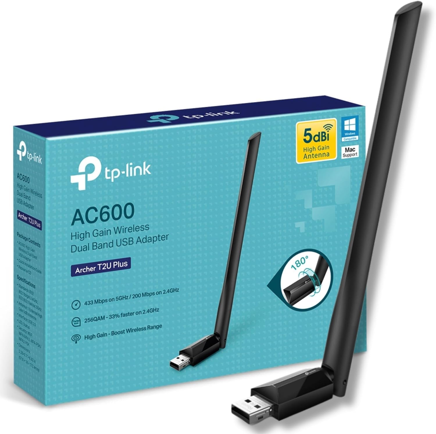 TP-Link AC600 High Gain USB Wi-Fi Dongle Dual Band Adapter with 5dBi Antenna for PC/Desktop/Laptop Supports Windows11/10/81/8/7/XP Mac OS X 109-1014 (Archer T2U Plus)
