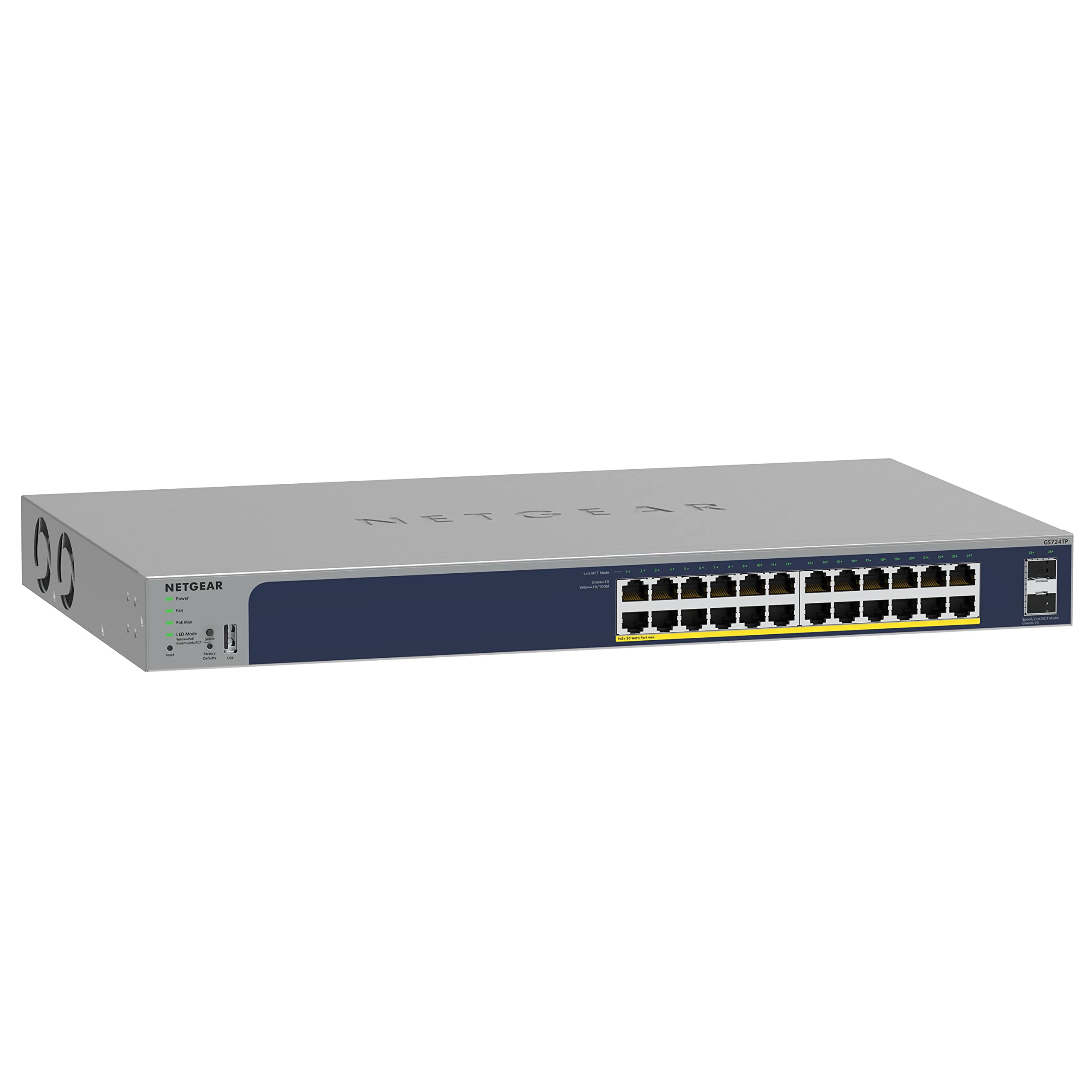 NETGEAR 24-Port Gigabit Ethernet Smart Managed Pro PoE Network Switch (GS724TP) - Hub with 24 x PoE+ @ 190W 2 1G SFP Desktop/Rackmount and ProSAFE Protection