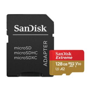 SanDisk Extreme 128 GB microSDXC Memory Card + SD Adapter with A2 App Performance Rescue Pro Deluxe Up to 160 MB/s Class 10 UHS-I U3 V30 Red/Gold