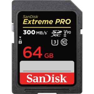 SanDisk 64GB Extreme PRO SDXC card SD V90 Memory 8K 4K and Full HD Video up to 300 MB/s Shock Temperature Water X-Ray Proof UHS-II Class 10 U3