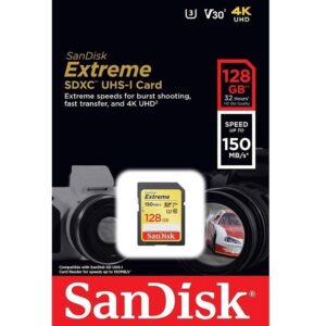 SanDisk Extreme SDXC Memory Card Up to 150 MB/s Class 10 U3 V30 128 GB (Pack of 1)