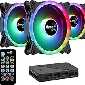 AeroCool Duo 12 Pro Pack 3 x ARGB Fans 120mm 1 H66F RGB Fan Hub Remote control Double LED Ring and 18 LEDs Includes 6-pin connector Curved Blades Anti-Vibration Pads 12v Black