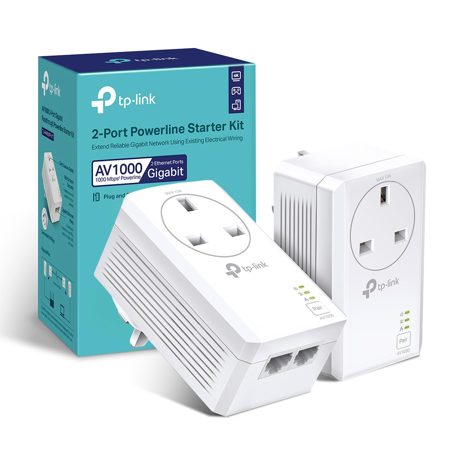 TP-Link TL-PA7027P KIT AV1000 2-Port Gigabit Passthrough Powerline Starter Data Transfer Speed Up to 1000 Mbps Ideal for HD/3D/4K Video Streaming Online Gaming No Configuration Required White