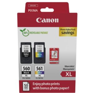 Canon Ink & Paper Multipack - PG-560XL/CL-561XL Genuine Printer Cartridges 2 Pack (1 x Black XL 1 Colour XL) 4x6 Photo (50 Sheets) Compatible with PIXMA TS series