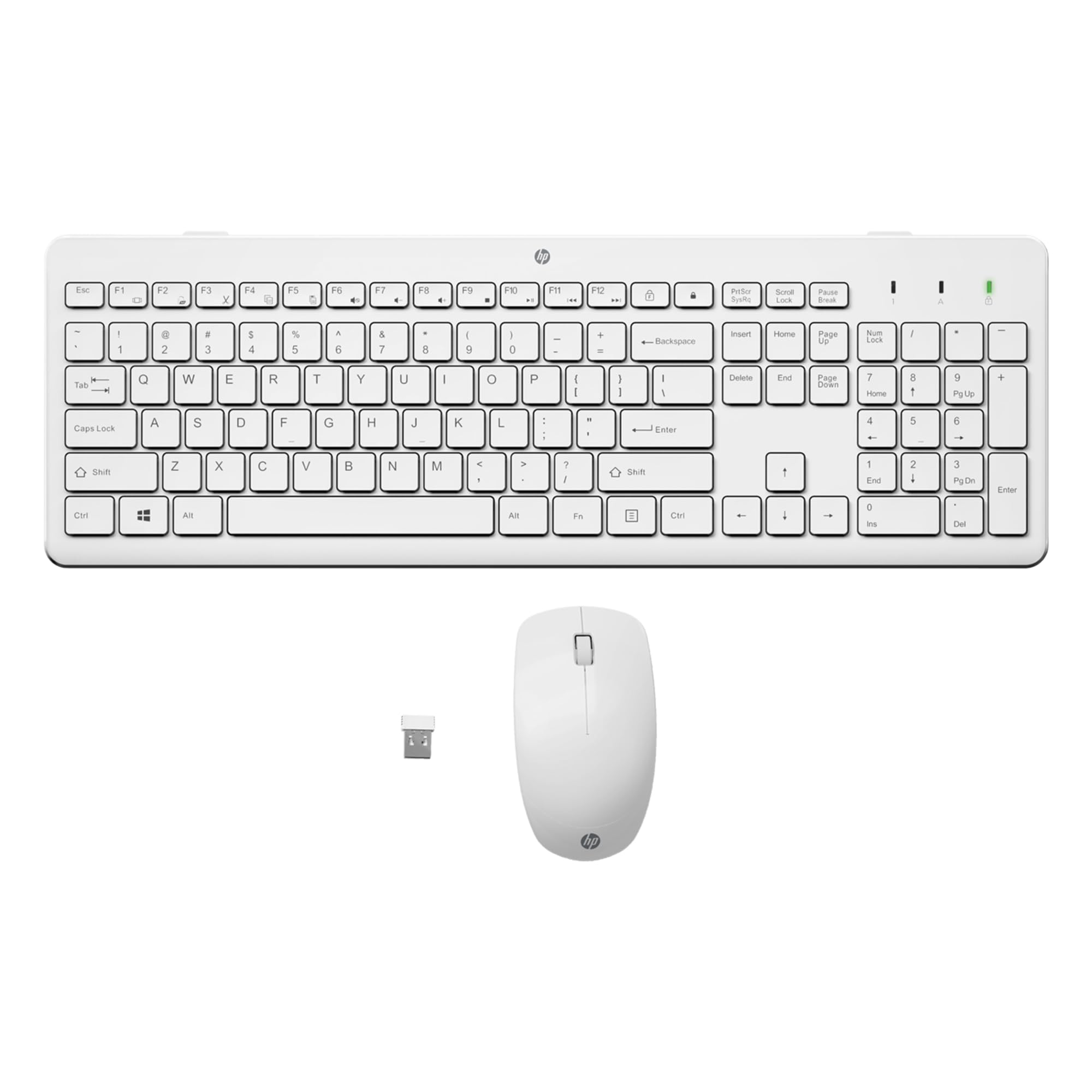 HP 230 Wireless Mouse and Keyboard Combo quiet comfortable keystrokes Number Pad QWERTY UK Layout 1600 DPI Optical Sensor 24GHz USB dongle included White