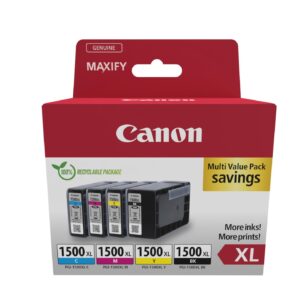 Canon PGI-1500 XL C M Y BK Pack of 4 cartridges Yield (Black Cyan Magenta Yellow XL) Genuine (Recycled Cardboard Multipack)