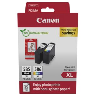 Canon PG-585XL / CL-586XL Genuine Ink Cartridges Pack of 2 (1x Black 1x Colour) Includes 50 Sheets 4x6 Photo Paper - Compatible with PIXMA TS7650i TS7750i