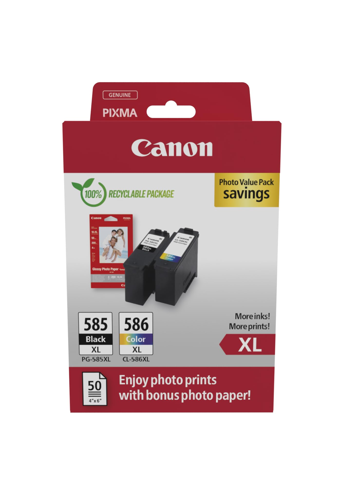 Canon PG-585XL / CL-586XL Genuine Ink Cartridges Pack of 2 (1x Black 1x Colour) Includes 50 Sheets 4x6 Photo Paper - Compatible with PIXMA TS7650i TS7750i