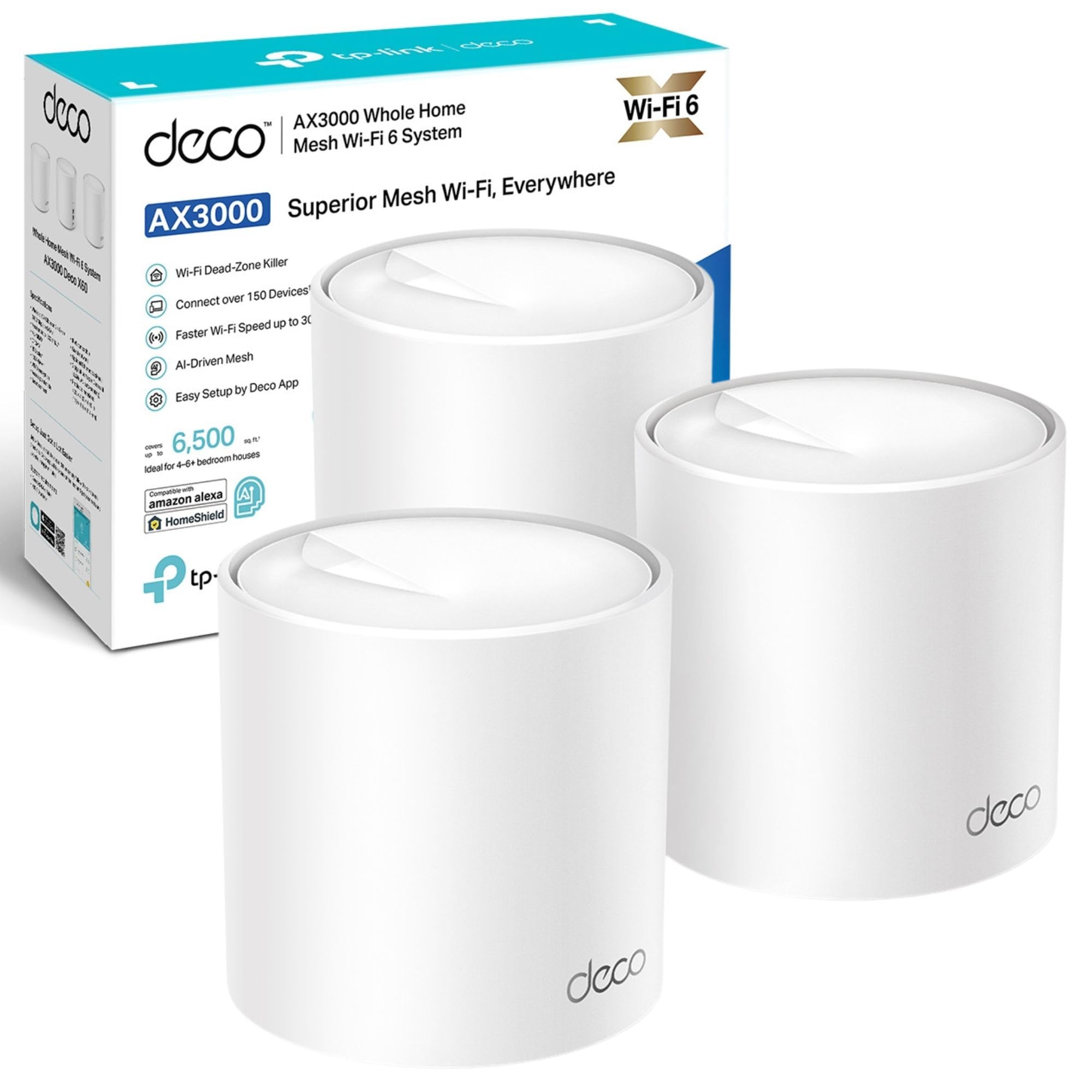 TP-Link Deco X50 AX3000 Whole Home AI-Driven Mesh Wi-Fi 6 System Dual-Band with Gigabit Ports Coverage up to 6500 ft2 Connect 150 devices 1 GHz Dual-Core CPU HomeShield Security Pack of 3