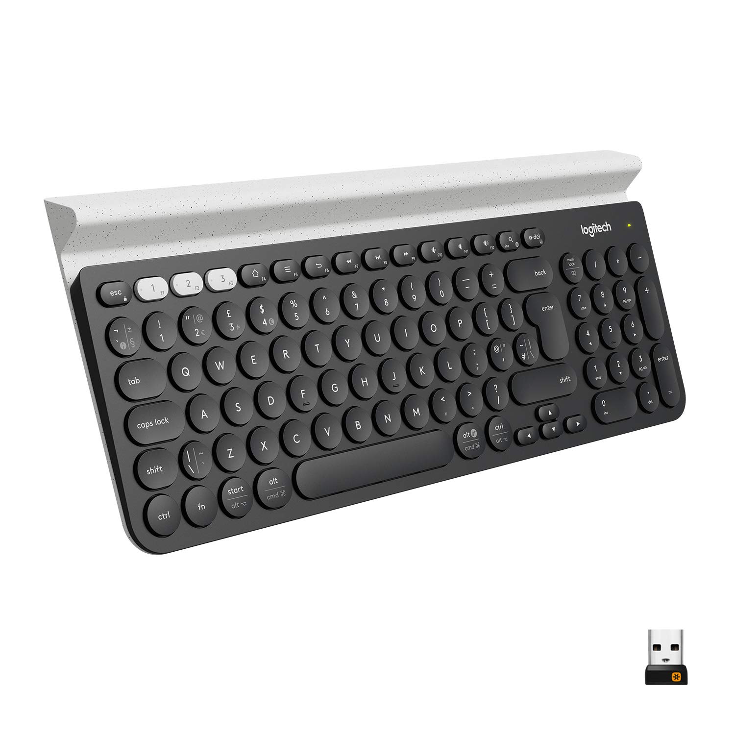 Logitech K780 Multi-Device Wireless Keyboard for Windows Apple android or Chrome 24GHz and Bluetooth Quiet PC/Mac/Laptop/Smartphone/Tablet QWERTY UK Layout - Dark Grey/White