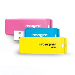 Integral 64GB Neon USB 20 Flash Drive 3-Pack (Pink/Blue/Yellow)