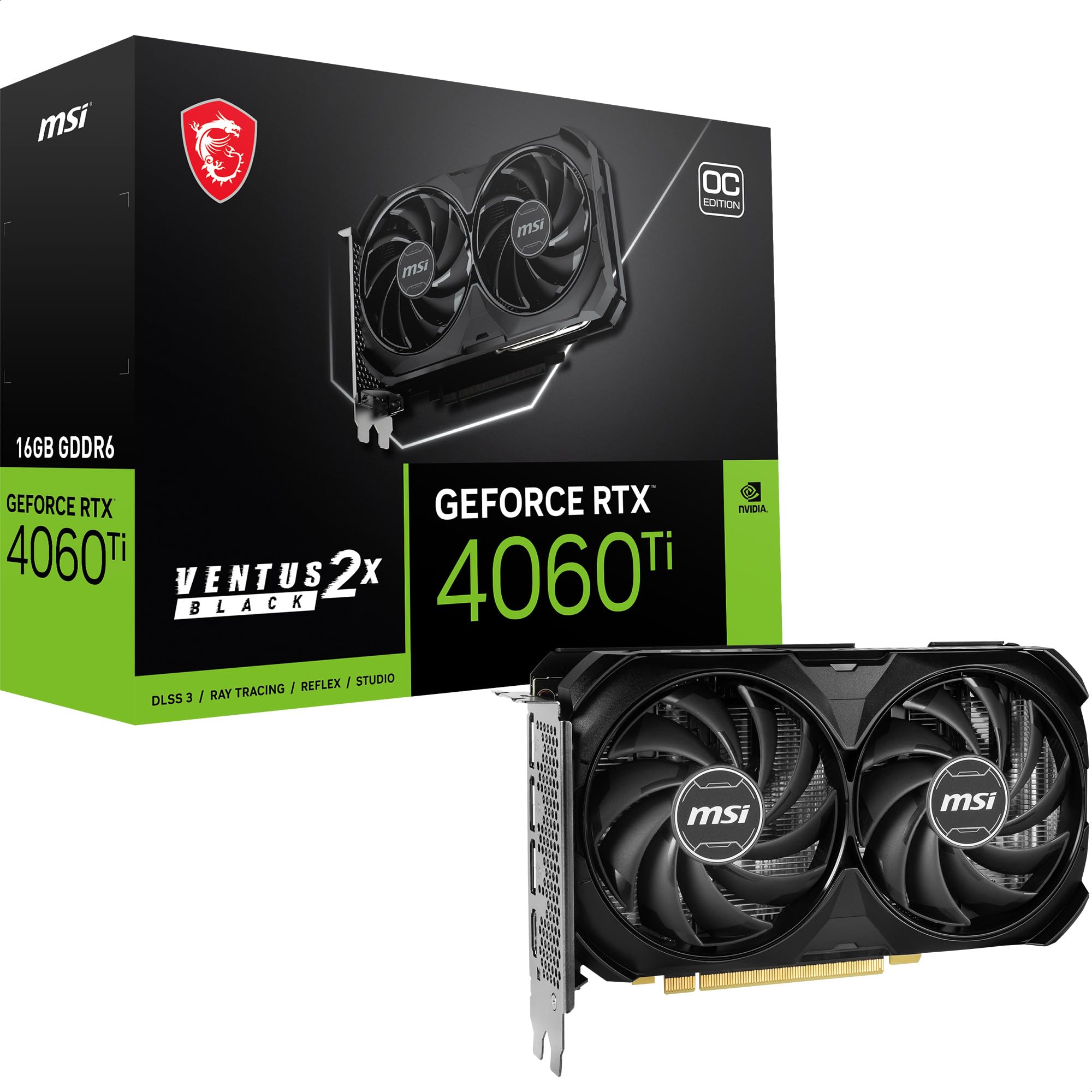 MSI GeForce RTX 4060 Ti VENTUS 2X BLACK 16G OC Graphics Card - GPU 16GB GDDR6 (18Gbps/128-bit) PCIe 40 2 x TORX Fan HDMI 21a DisplayPort 14a