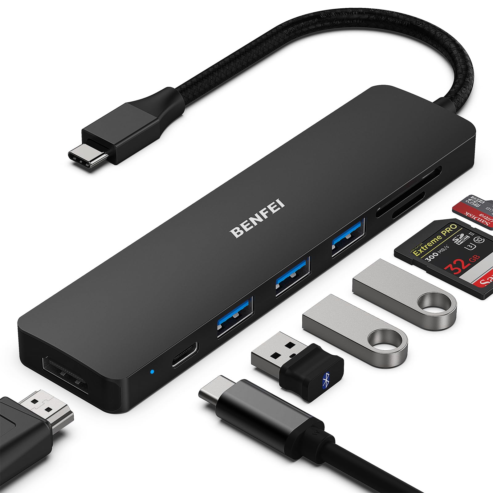 BENFEI USB C HUB 7-in-1 USB-C Multiport Adapter with HDMI (4K @ 60Hz Certified)/100W Power Delivery/3USB 30 5Gbps/SD/TF Card Reader (160MB/s) for iPhone 15 Pro/Max MacBook iPad Pro iMac S23