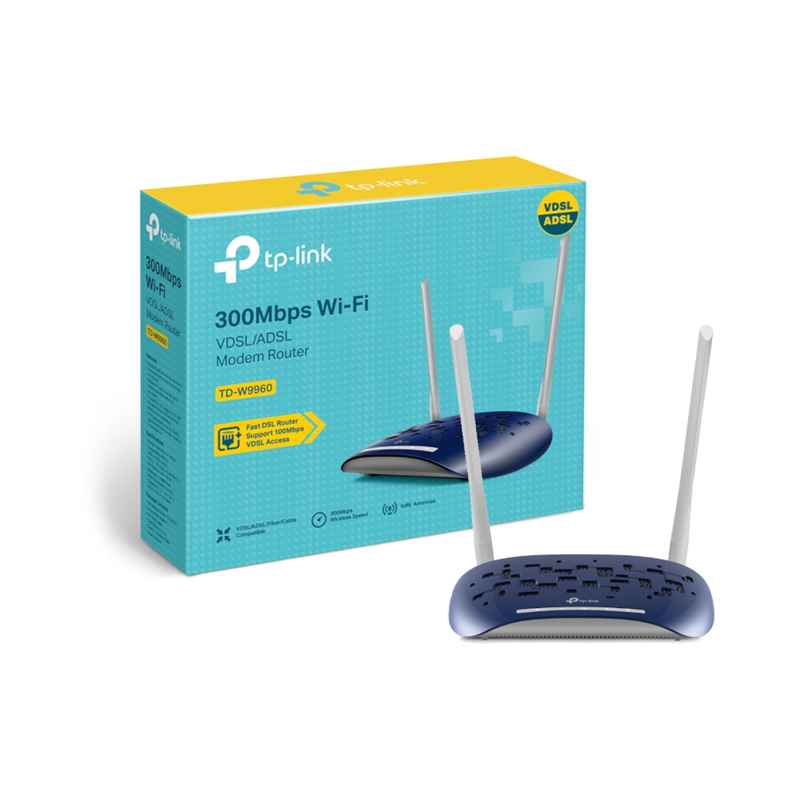 TP-Link 300 Mbps Wireless N VDSL/ADSL Modem Router Single-Band Broadband Speed Up To 100 Versatile Connectivity 4x Fast Ports Tether App Easy setup (TD-W9960)
