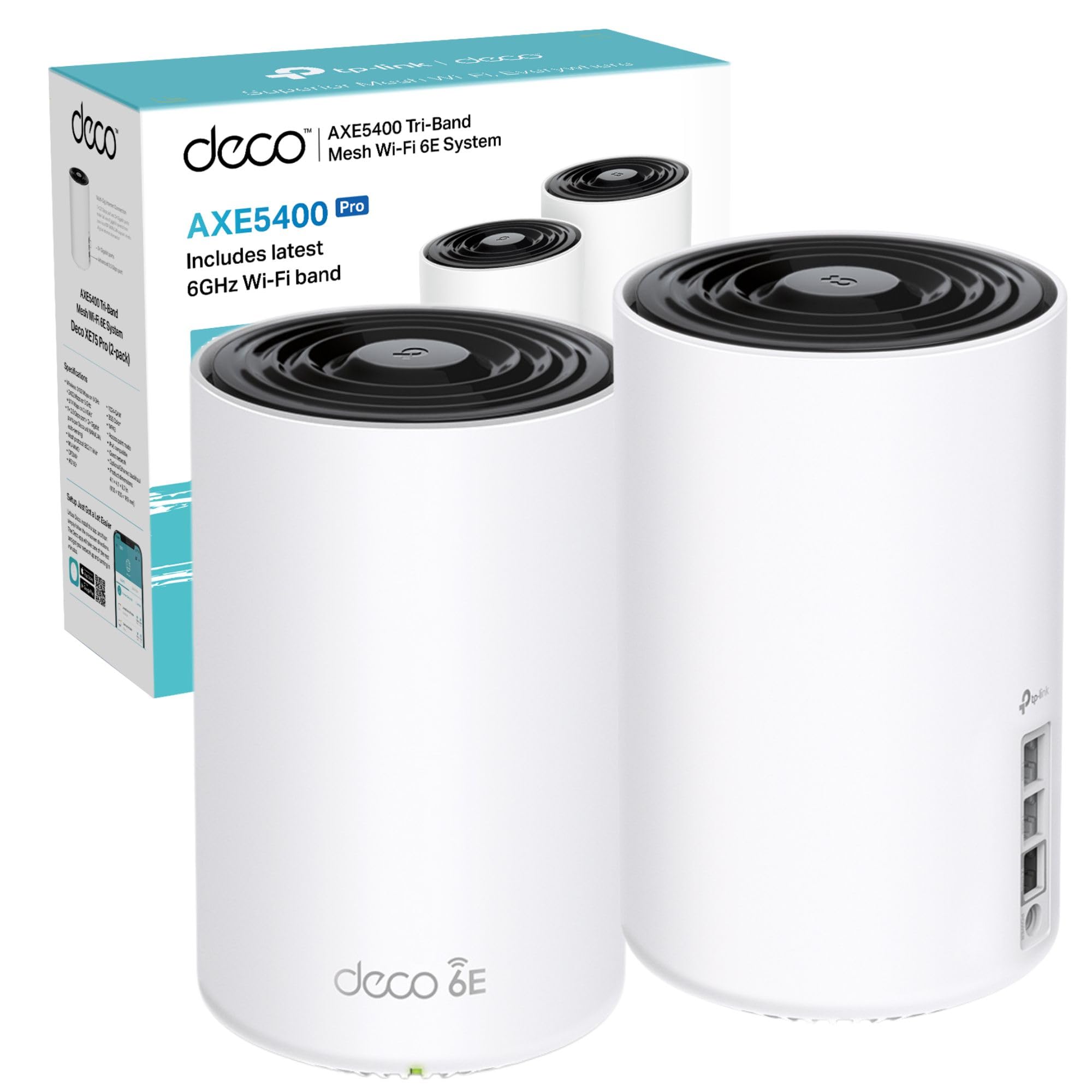 TP-Link Deco XE75 Pro AXE5400 Whole Home Tri-Band WiFi 6E Mesh System 1 25 Gbps Port + 2 Gigabit Ports AI-Driven cover up to 2900 ft2 Connect 200 devices HomeShield 8K Pack of