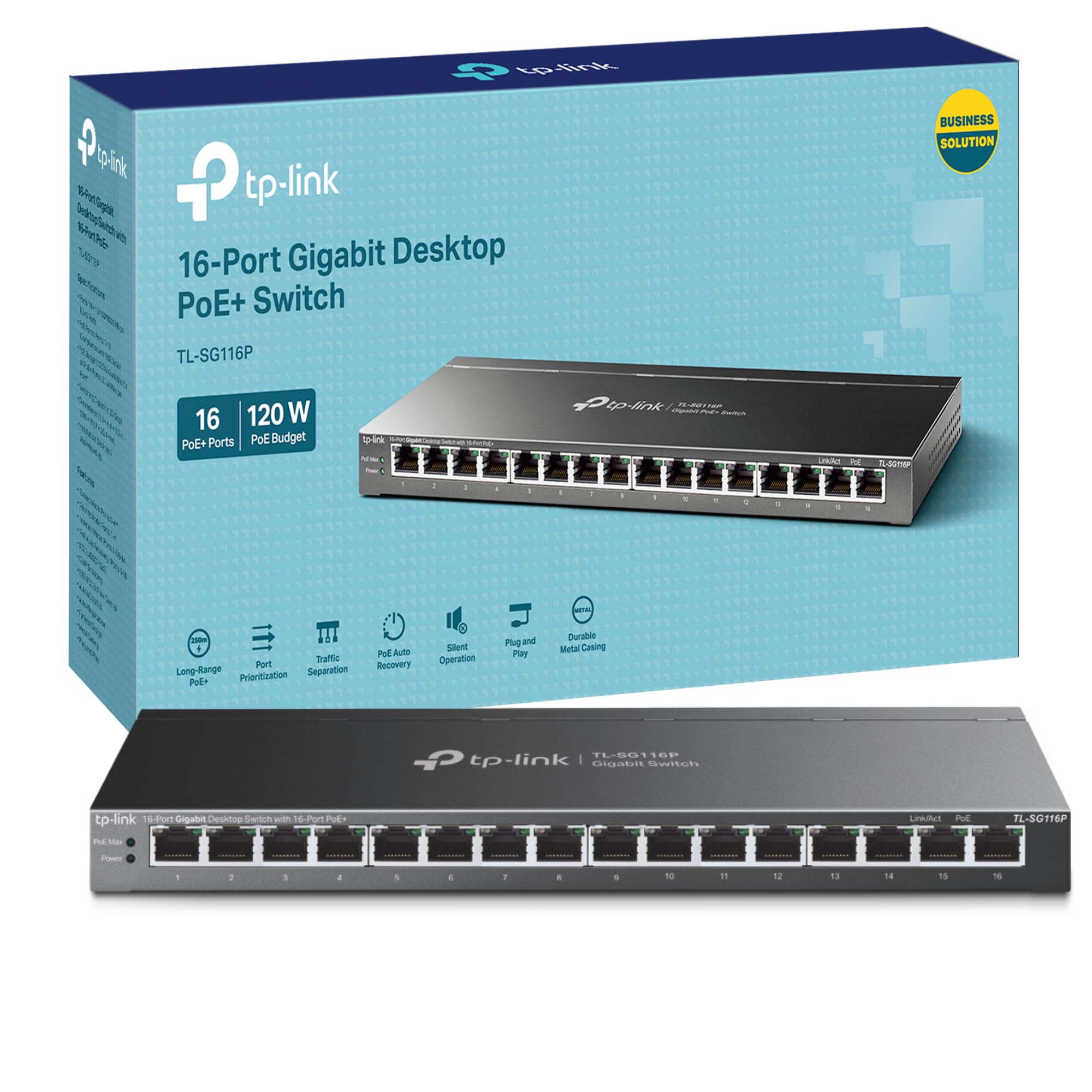TP-Link 16-Port Gigabit Desktop Switch with PoE+ Auto Recovery 120 W Budget Transmission Distance up to 250 m Compliance IEEE 8023af/at Durable Metal CasingPlug and Play(TL-SG116P)
