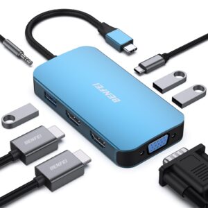 BENFEI USB C MST HUB 8in1 with USB-C to 2HDMI/1VGA 3USB 30/100W Power Delivery/35mm Aux Audio Compatible iPhone 15 Pro/Max MacBook Pro 2023/2022/2021/2020 Surface Book and More