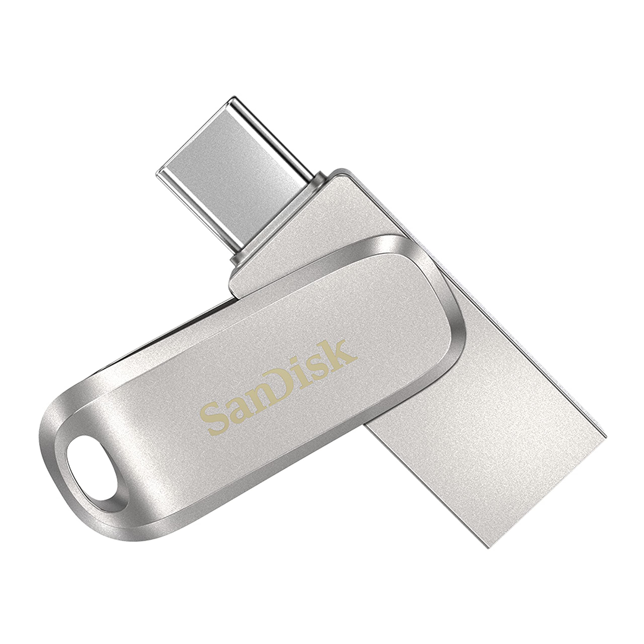 SanDisk 256GB Ultra Dual Drive Luxe Flash smartphone storage USB C memory stick up to 400 MB/s reversible Type-C and Type-A connectors for tablets Macs computers all metal Silver
