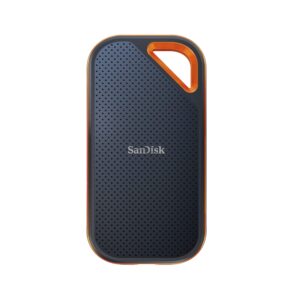 SanDisk 2TB Extreme PRO Portable SSD external drive up to 2000 MB/s read and write speeds solid state IP65 rated for dust water resistance 256-bit AES hardware encryption