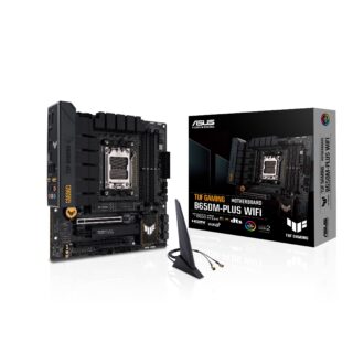 ASUS TUF GAMING B650M-PLUS WIFI AMD Ryzen AM5 Micro-ATX motherboard 14 power stages PCIe 50 M2 support DDR5 memory 6 and 25 Gb Ethernet USB4 Aura Sync