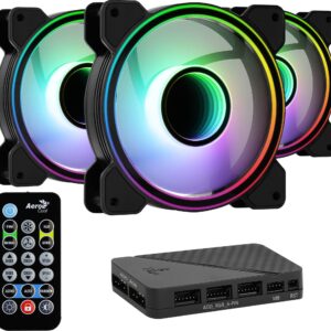 AeroCool Mirage PC Case Fan 12 Pro 3 x ARGB Translucent Fans 120mm 1 H66F RGB Hub Infinity Mirror Design Includes 6-pin connector Remote Control Curved Blades and Anti-Vibration Pads Black