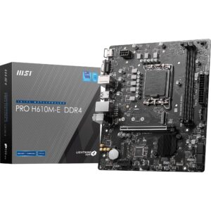 MSI PRO H610M-E DDR4 Motherboard Micro-ATX - Supports Intel 12th Gen Core Processors LGA 1700 2 x DIMMs (3200MHz) 1x PCIe 40 x16 slot 1 M2 Gen3 USB 32 Gen1 1G LAN HDMI 14 & VGA