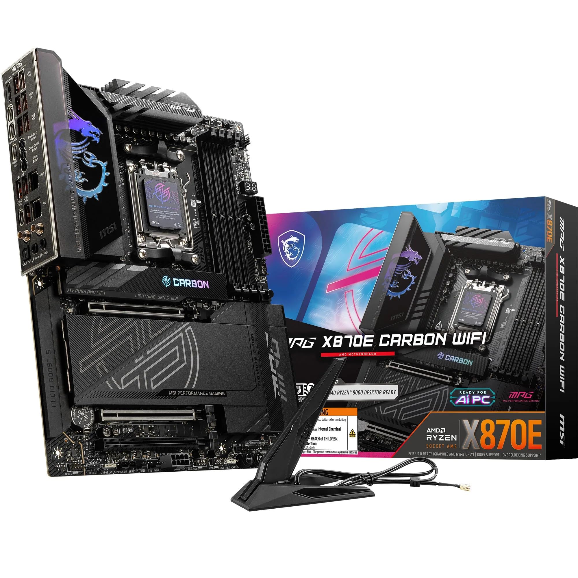 MSI MPG X870E CARBON WIFI Motherboard ATX - Supports AMD Ryzen 9000 / 8000 7000 Processors AM5 110A SPS VRM DDR5 Memory Boost 8400+MT/s (OC) PCIe 50 x16 & 40 M2 Gen5 Wi-Fi 7 5G LAN